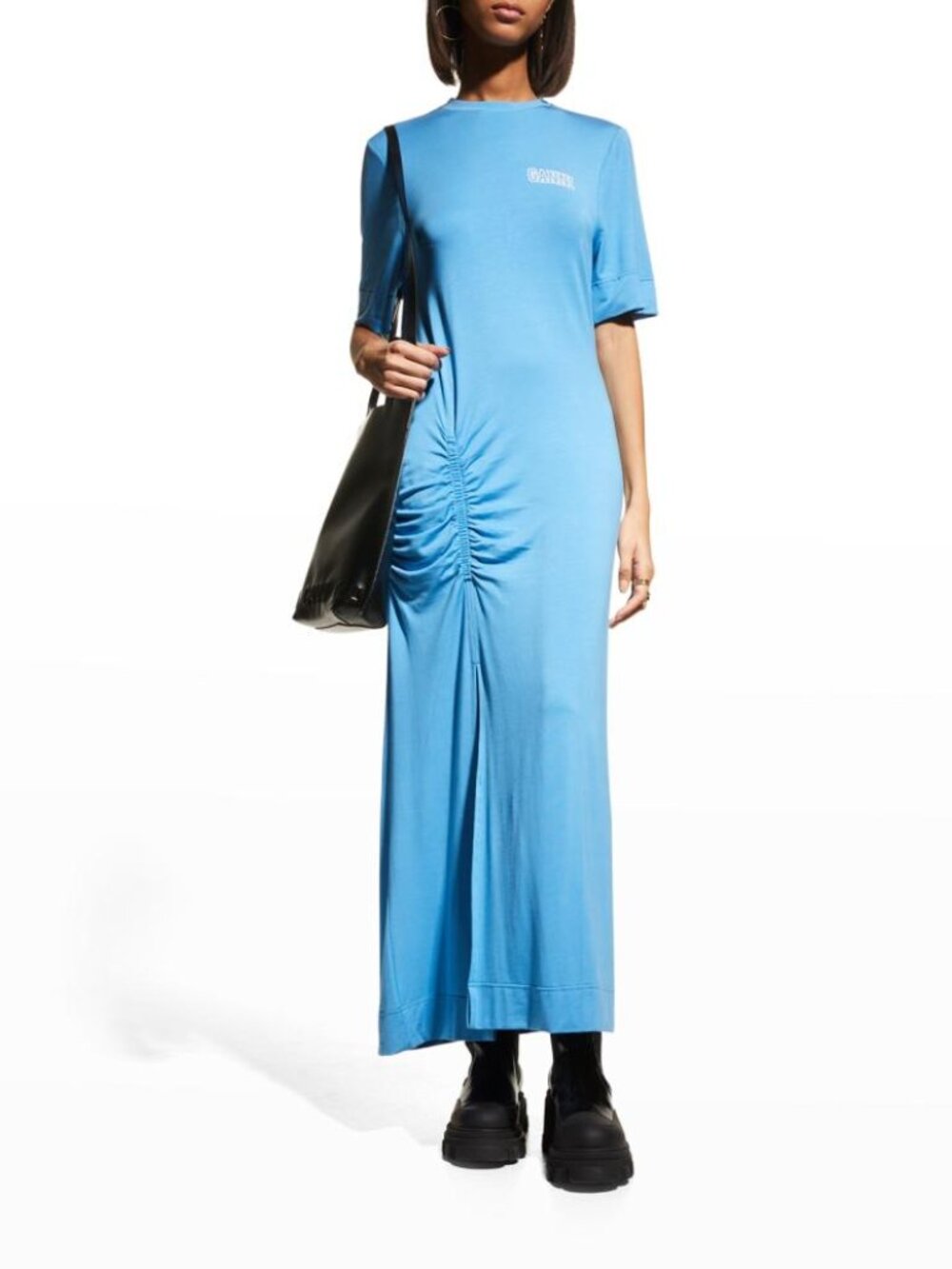 Ganni Azure Blue Software Jersey Tee Side-Slit Dress